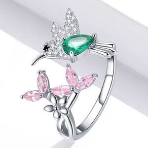 Sterling Silver Hummingbird Ring Adjustable Size 7 CZ Pink Flowers Green Body